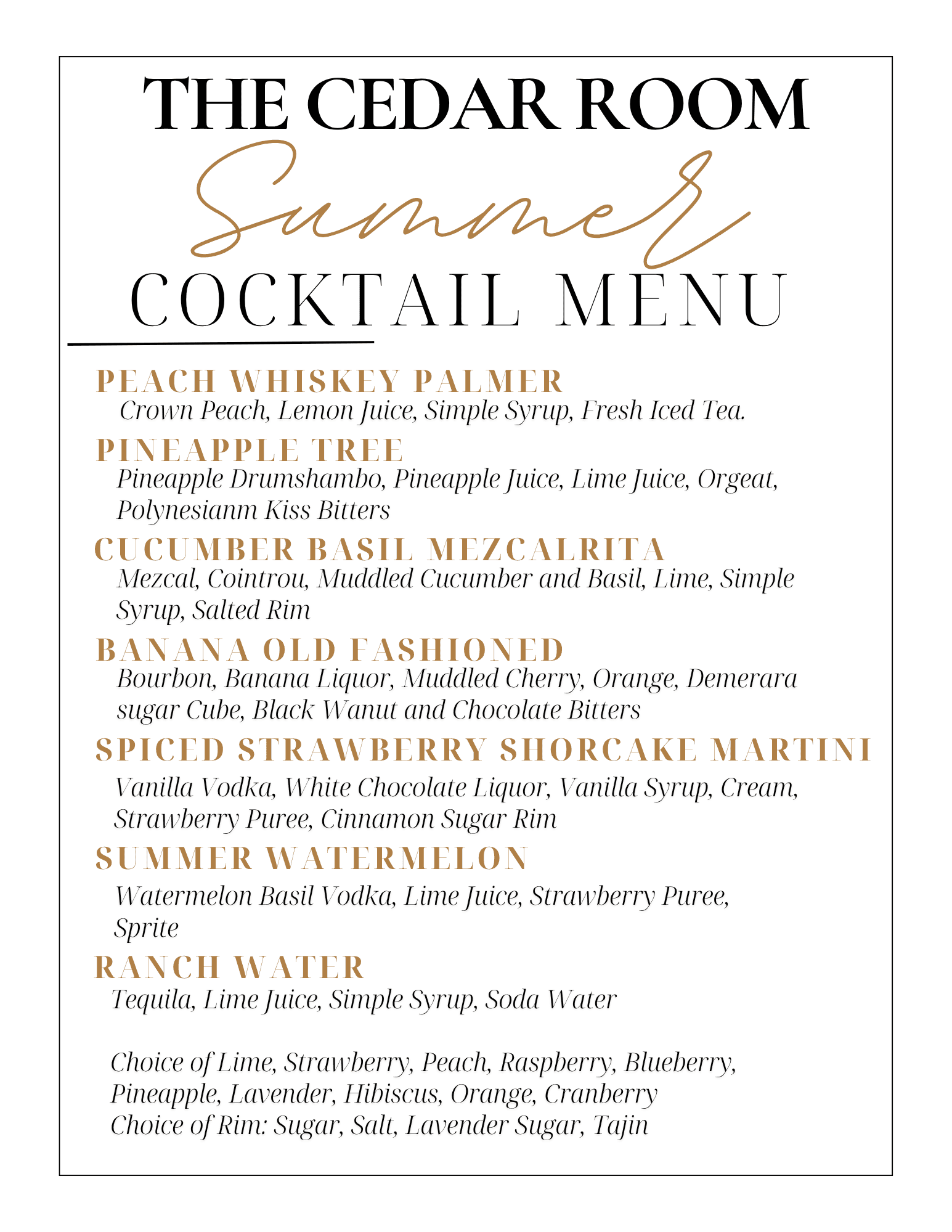 Summer cocktail menu with various drinks