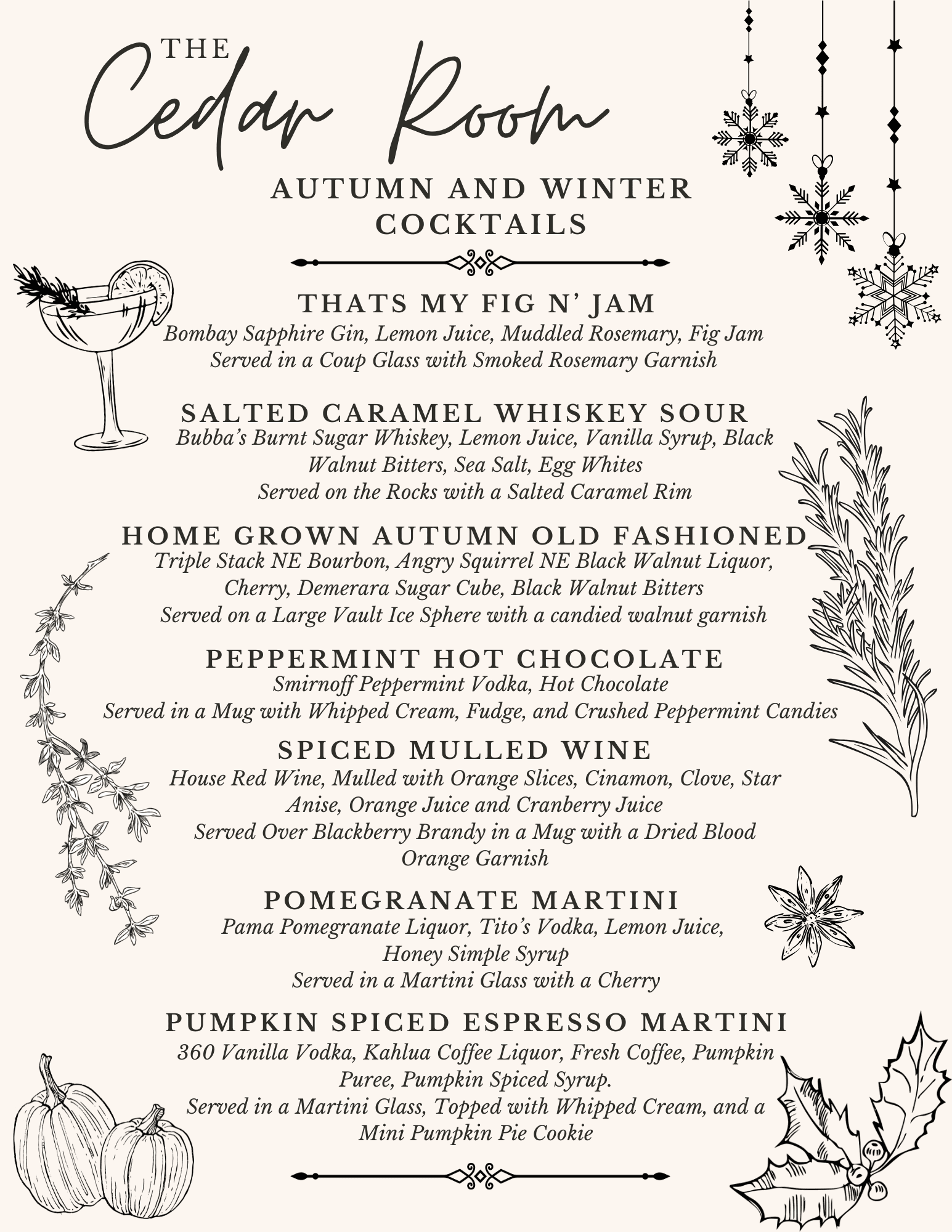 Summer cocktail menu with various drinks